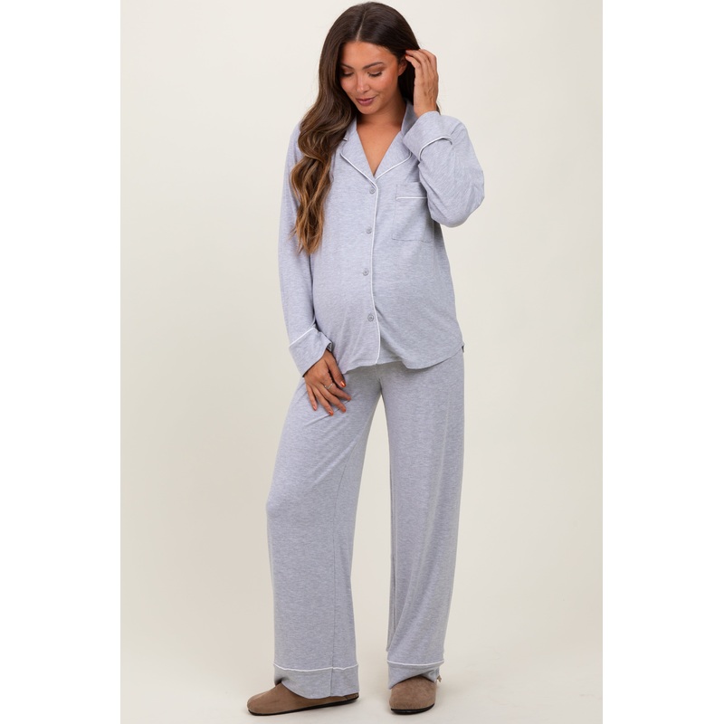 Heather Grey Button Down Top Wide Leg Pant Maternity Pajama Set