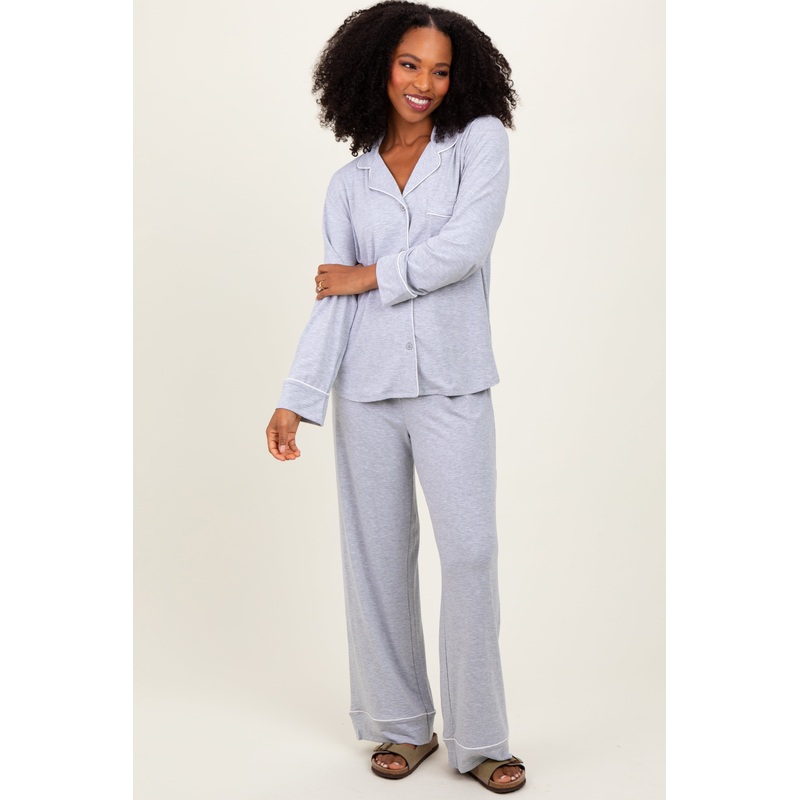 Heather Grey Button Down Top Wide Leg Pant Pajama Set