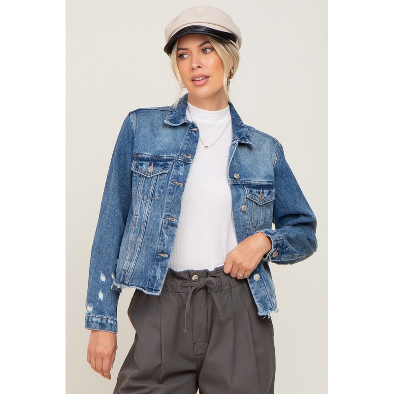 Navy Blue Distressed Cropped Denim Jacket