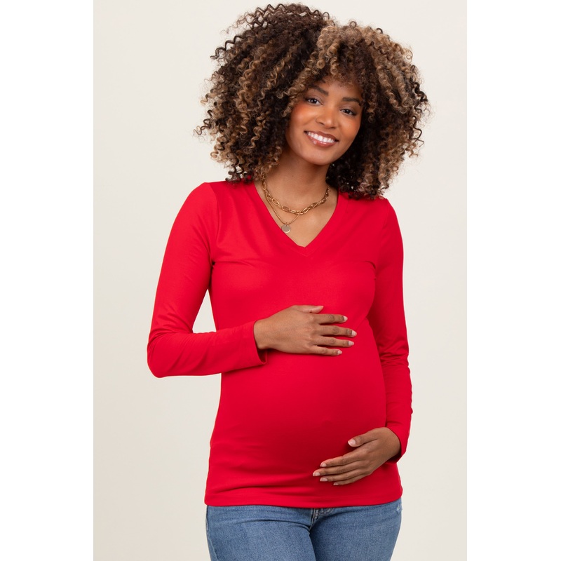 Red Brushed Knit V-Neck Long Sleeve Maternity Top