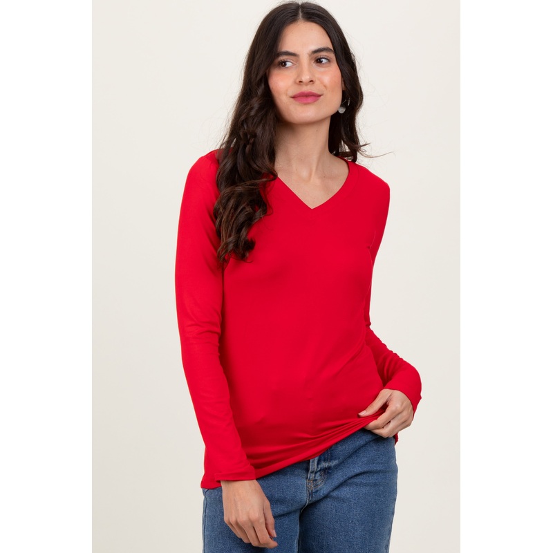 Red Brushed Knit V-Neck Long Sleeve Top