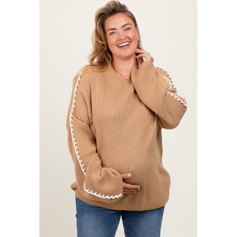 Taupe Contrast Stitch Maternity Plus Sweater