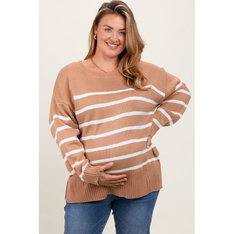 Taupe Striped Side Slit Maternity Plus Sweater