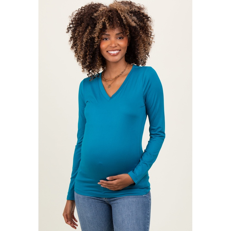 Teal Brushed Knit V-Neck Long Sleeve Maternity Top
