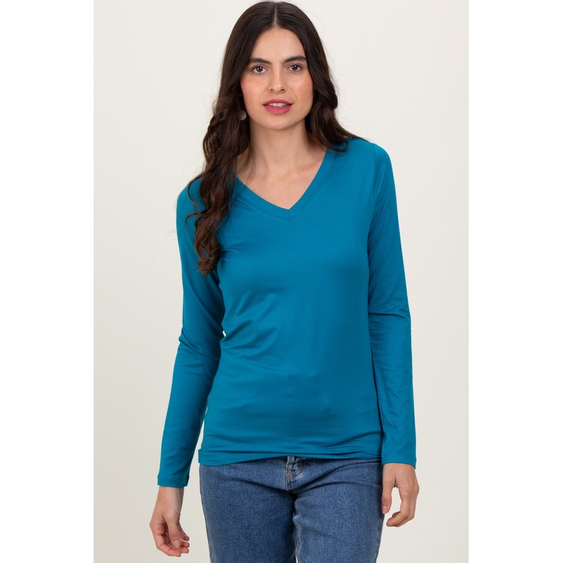 Teal Brushed Knit V-Neck Long Sleeve Top