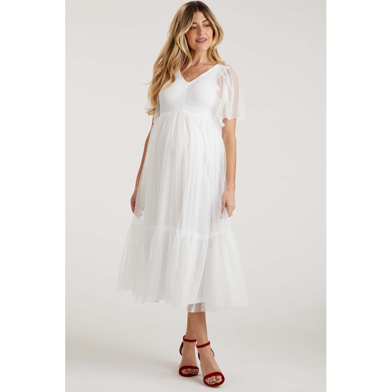 White Dotted Tulle Smocked Maternity Midi Dress