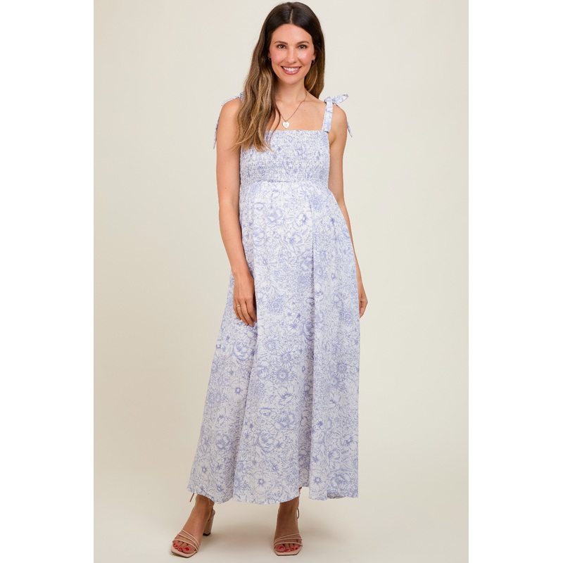 White Floral Shoulder Tie Maternity Dress