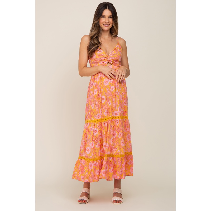 Yellow Floral Front Knot Cutout Crochet Trim Maternity Maxi Dress