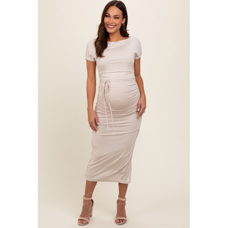 Beige Boat Neck Side Ruched Waist Tie Maternity Midi Dress