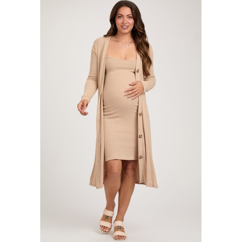 Beige Ribbed Soft Knit Dress Cardigan Maternity Set
