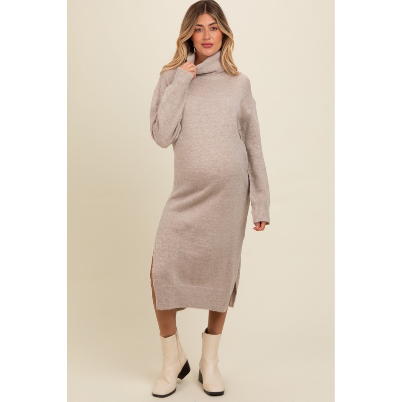 Beige Turtleneck Side Slit Knit Maternity Midi Sweater Dress