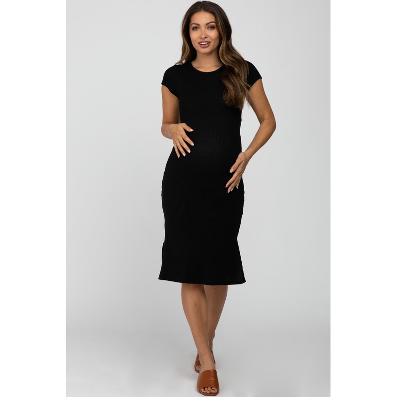 Black Brushed Ribbed Maternity Midi Dress