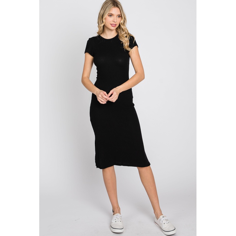 Black Brushed Ribbed Midi Dress