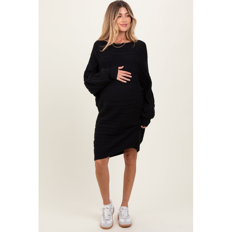 Black Cable Knit Dolman Sleeve Maternity Sweater Mini Dress