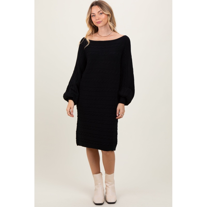 Black Cable Knit Dolman Sleeve Sweater Mini Dress