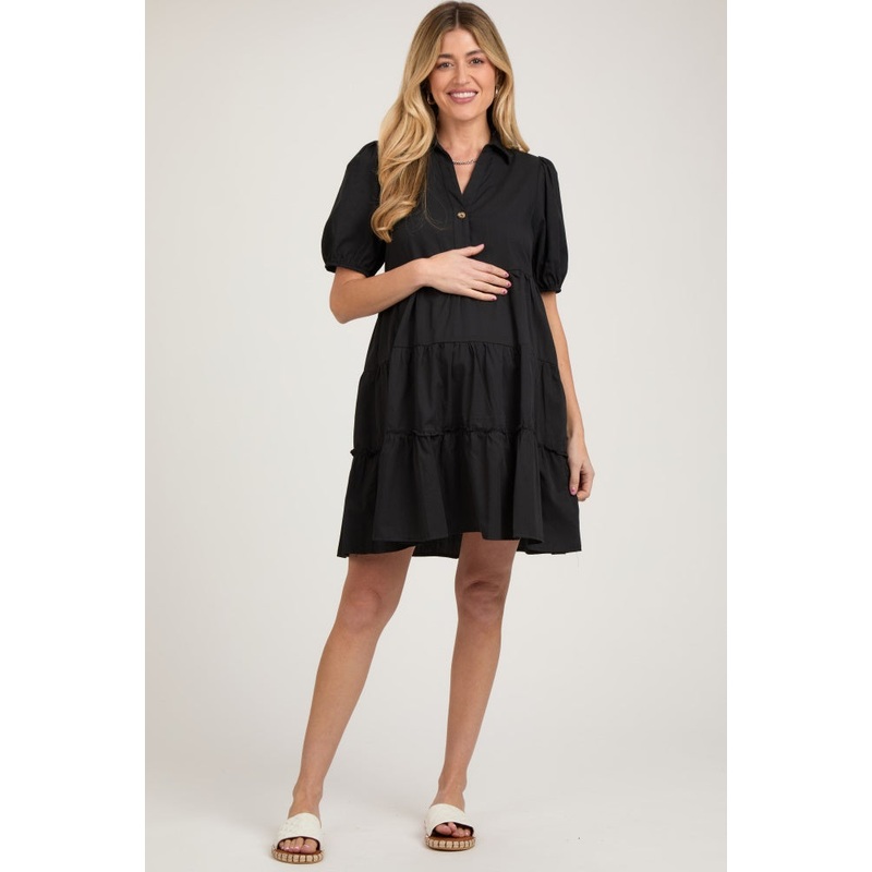 Black Collared Tiered Maternity Dress