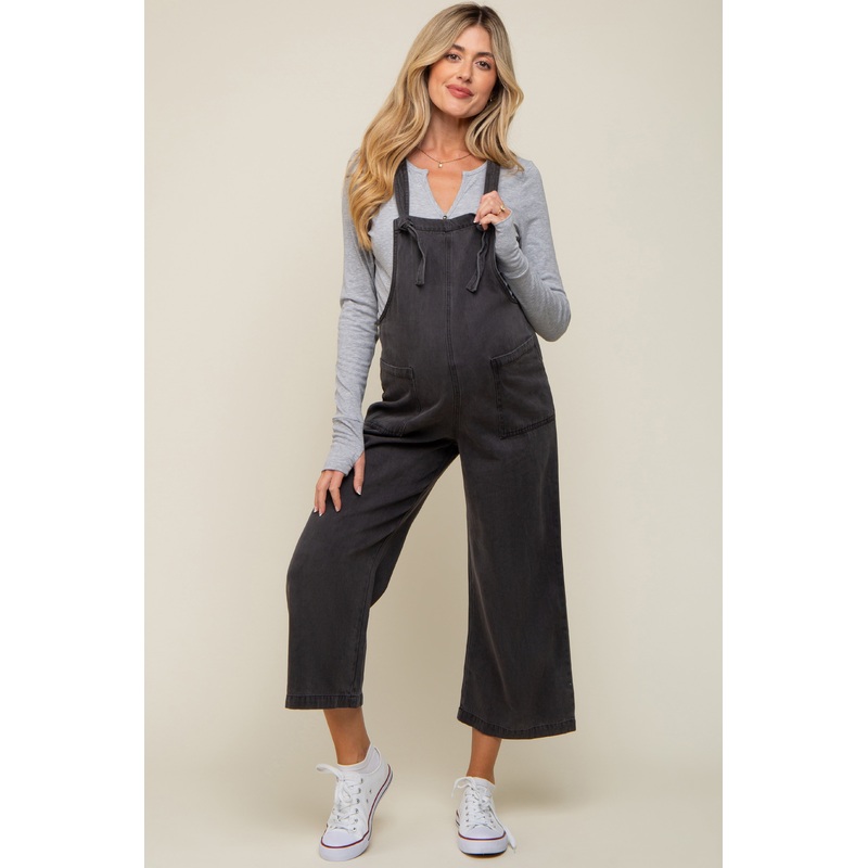 Black Front Pocket Cropped Maternity Overall