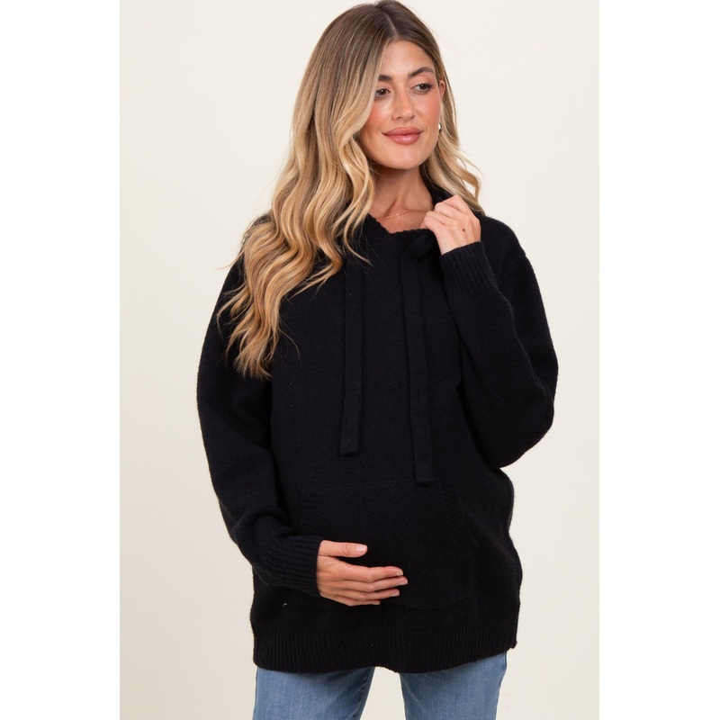 Black Knit Front Pocket Hooded Maternity Sweater