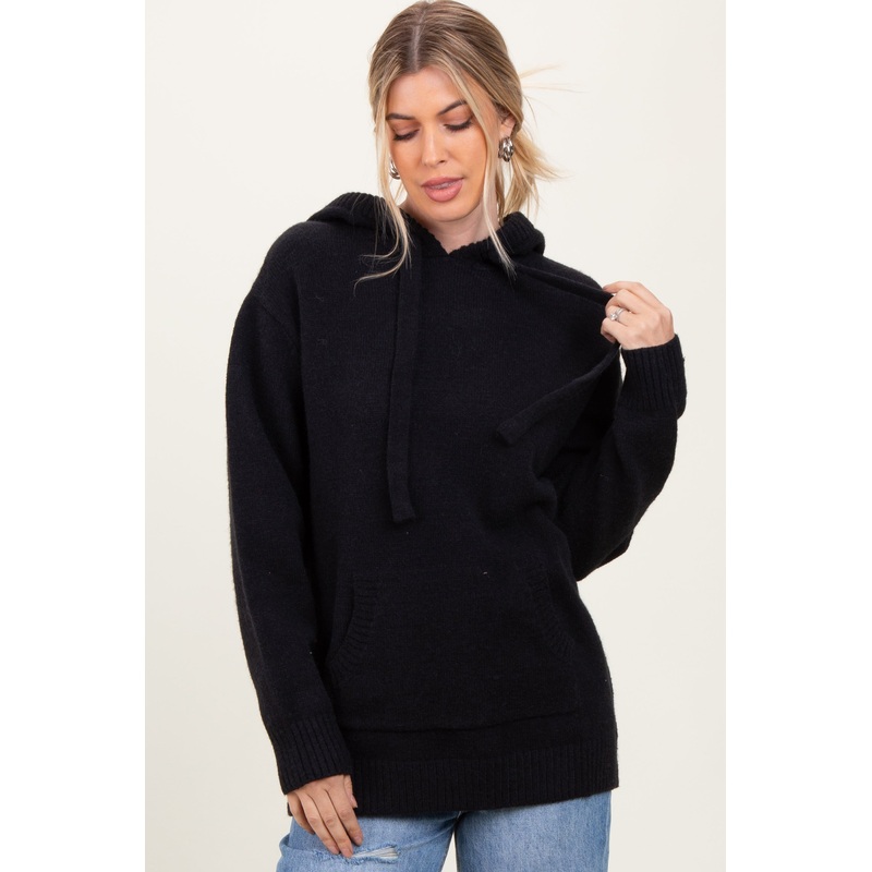 Black Knit Front Pocket Hooded Sweater