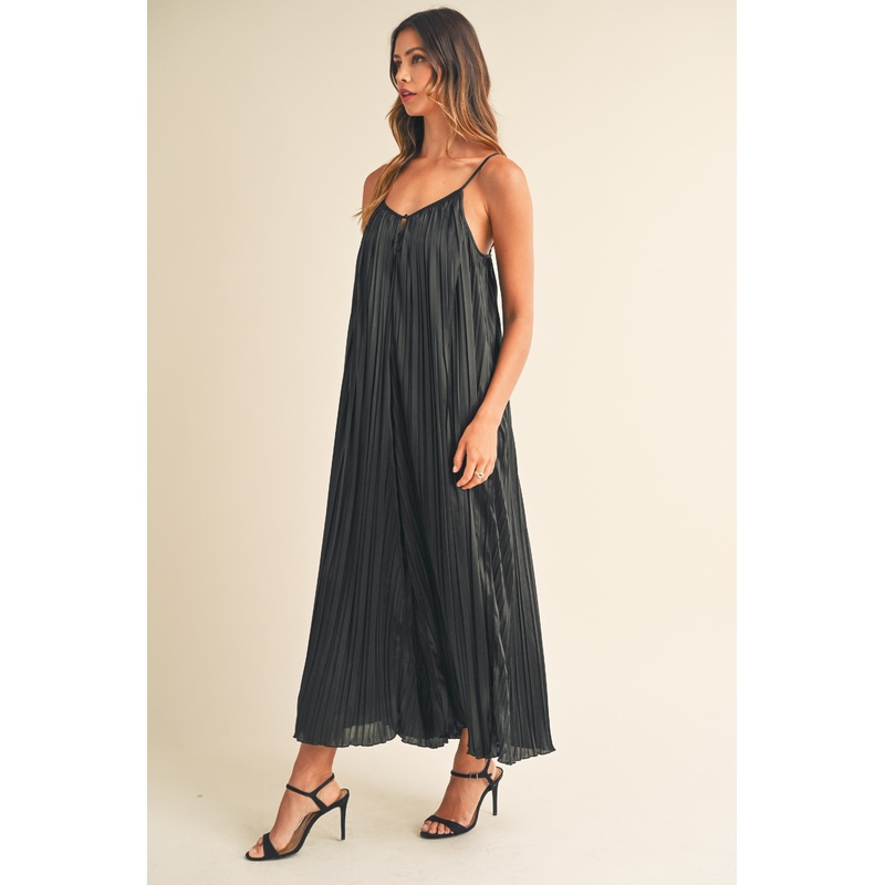 Black Pleated Wide Leg Sleeveless Jumpsuit