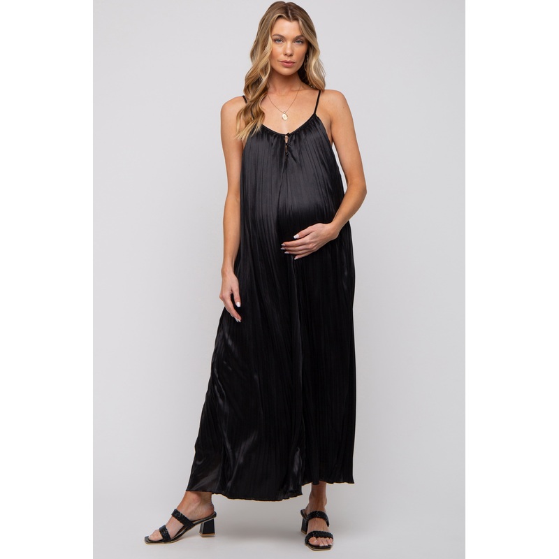 Black Pleated Wide Leg Sleeveless Maternity Jumpsuit
