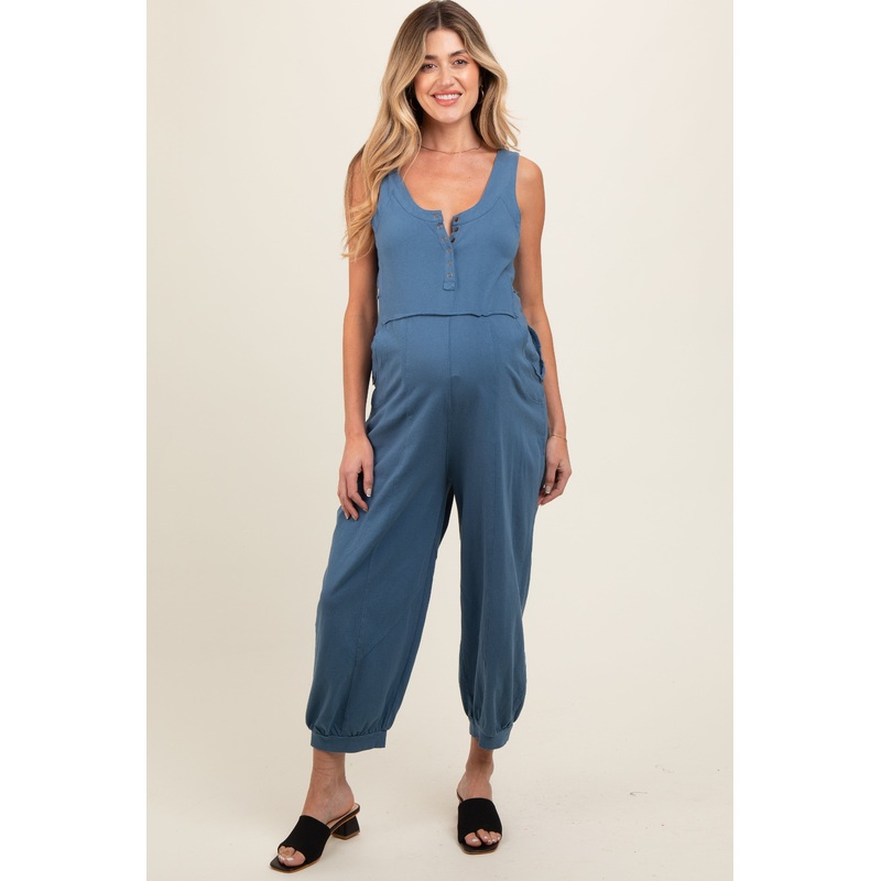 Blue Loose Fit Sleeveless Maternity Jumpsuit