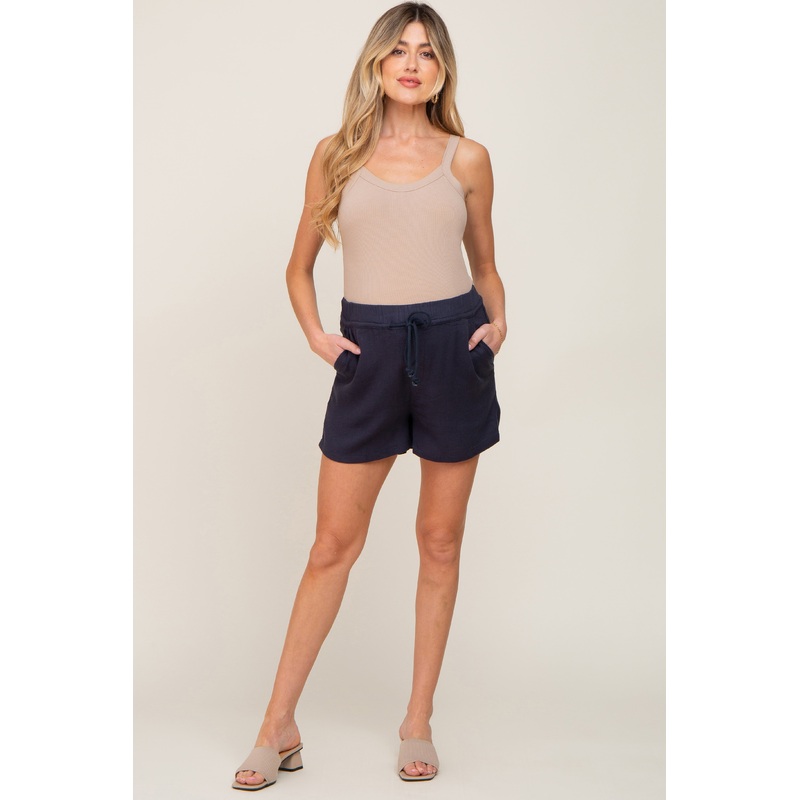 Navy Drawstring Pocketed Maternity Shorts