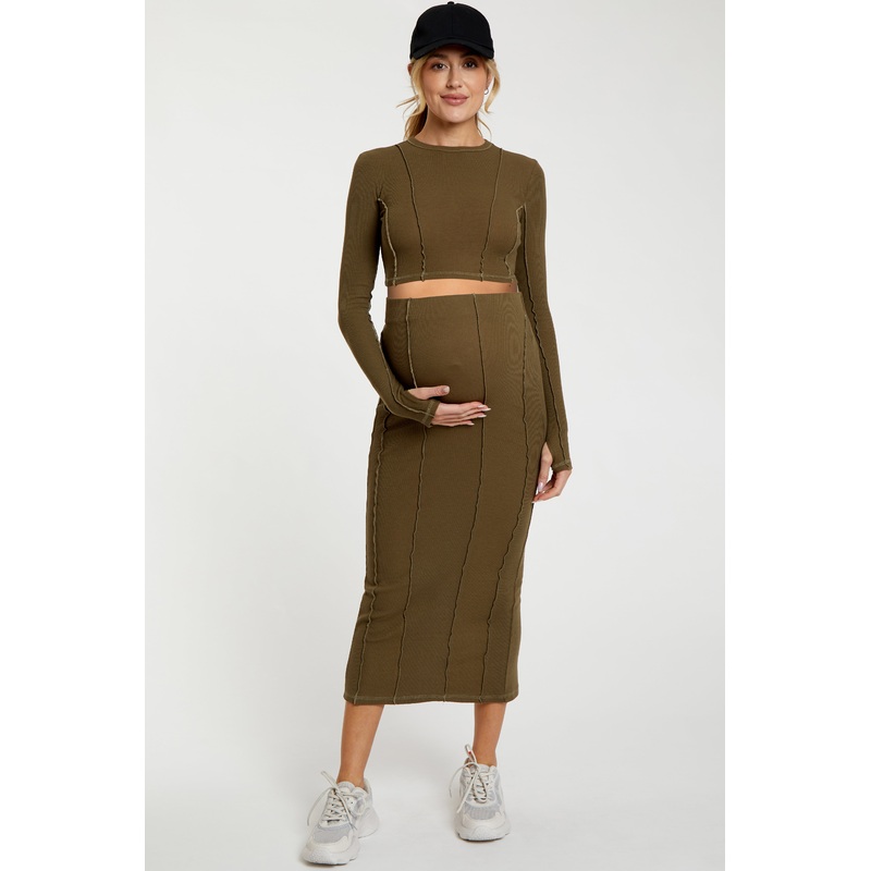 Olive Exposed Seams Top and Skirt Maternity Set