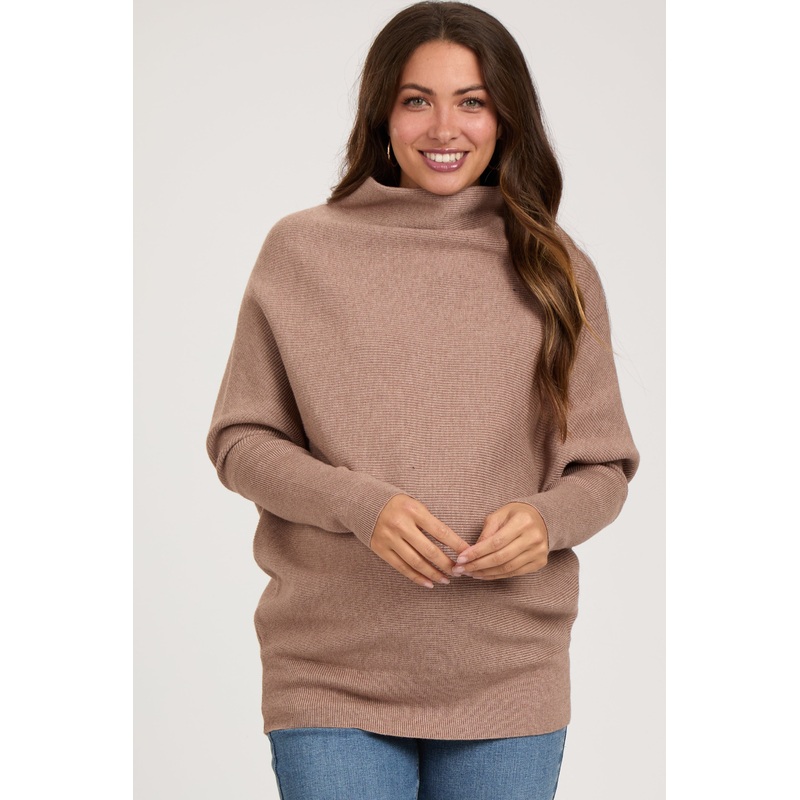 Taupe Funnel Neck Dolman Sleeve Maternity Sweater