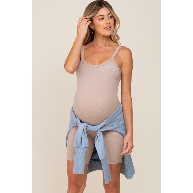 Taupe Rib Knit Sleeveless Maternity Romper