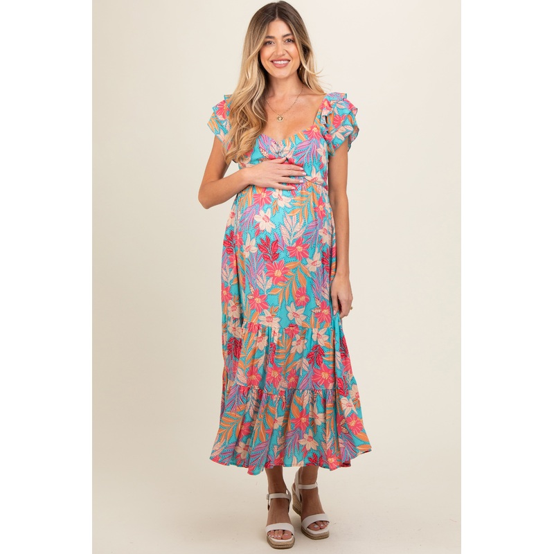 Turquoise Floral Ruffle Sleeve Maternity Midi Dress