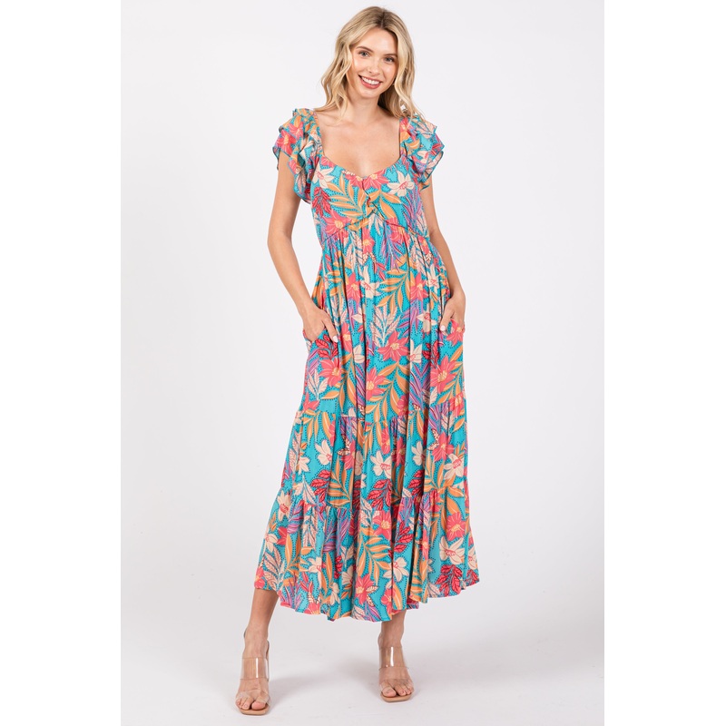 Turquoise Floral Ruffle Sleeve Midi Dress