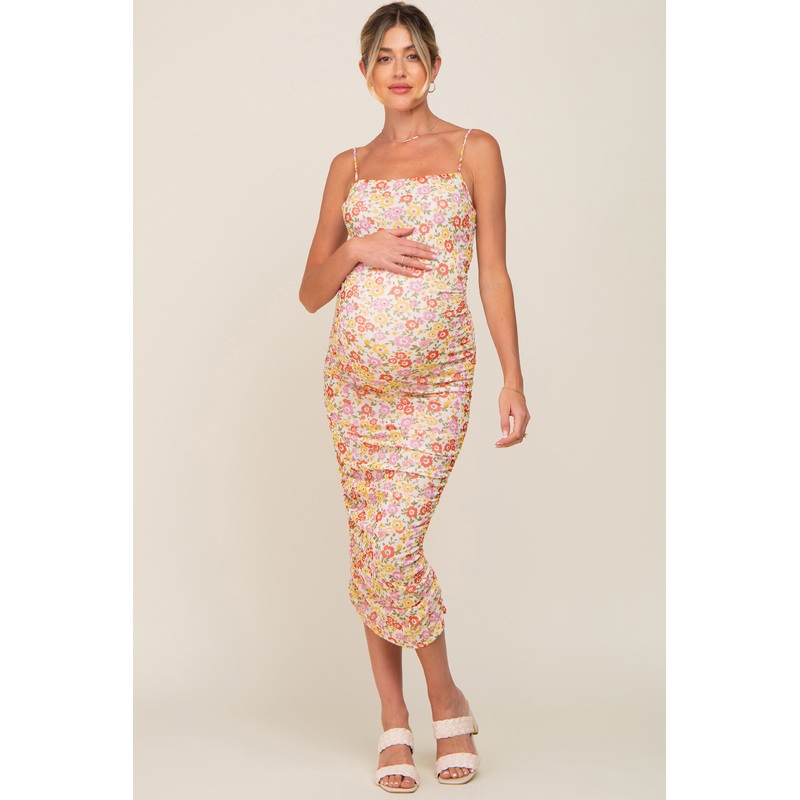 Yellow Floral Mesh Knit Ruched Maternity Midi Dress