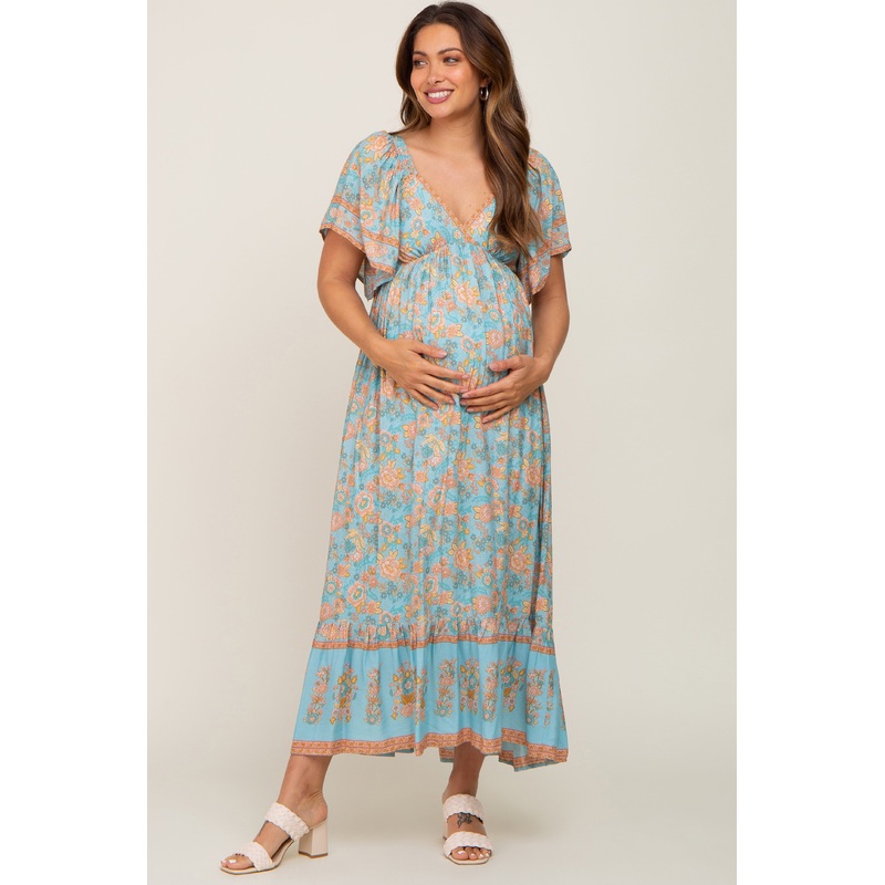 Aqua Floral Print Wrap V-Neck Maternity Midi Dress