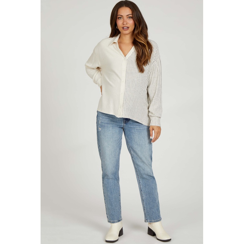 Beige Half Stripe Button Down Maternity Top