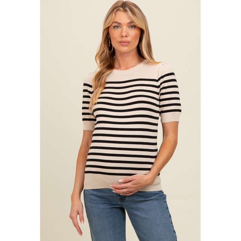 Beige Striped Short Sleeve Knit Maternity Top