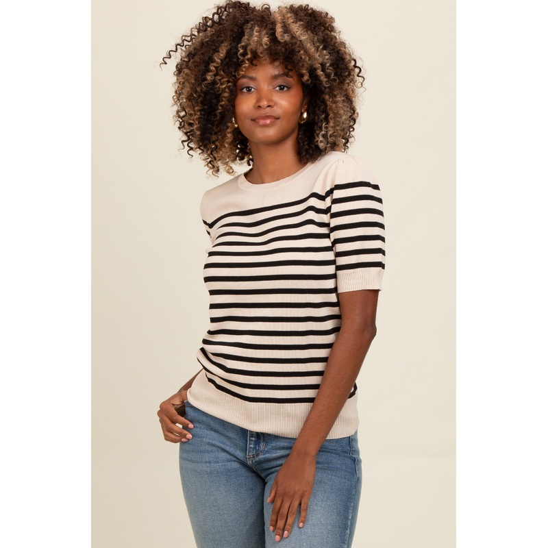 Beige Striped Short Sleeve Knit Top
