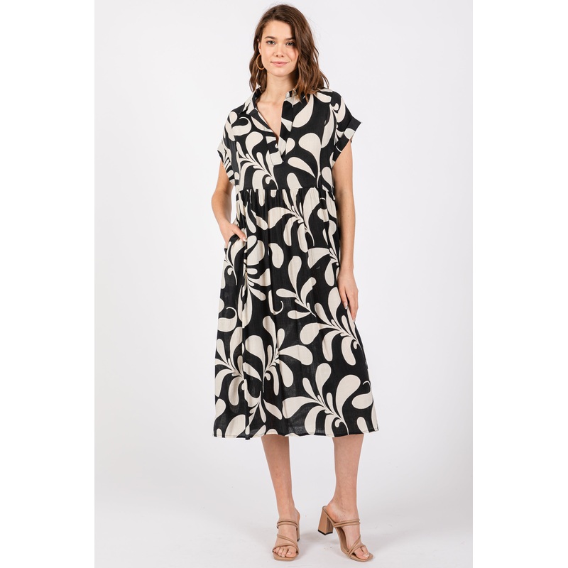 Black Abstract Print Collared Dress