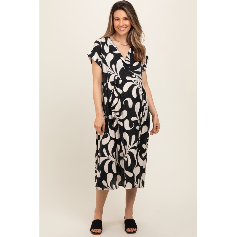 Black Abstract Print Collared Maternity Dress
