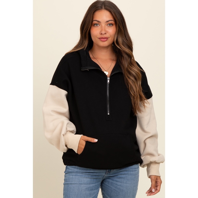 Black Coloblock Half Zip Maternity Hoodie