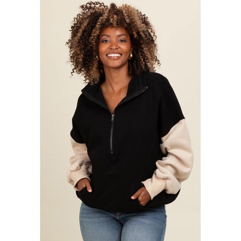 Black Colorblock Half Zip Hoodie