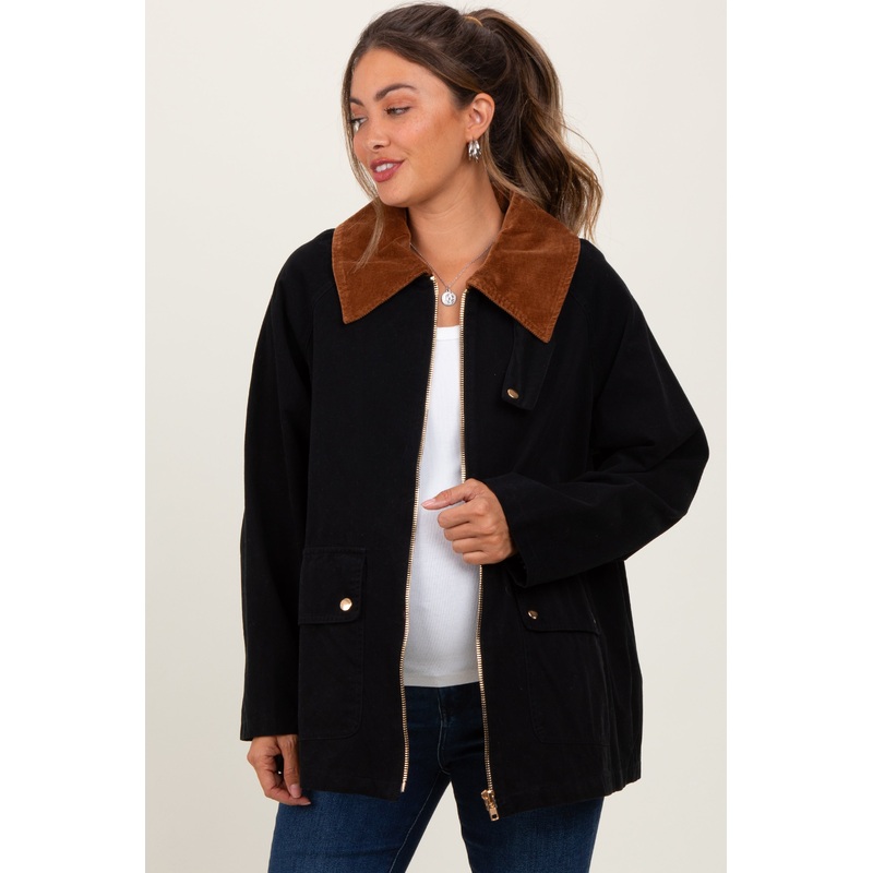 Black Gingham Lined Maternity Zipper Jacket