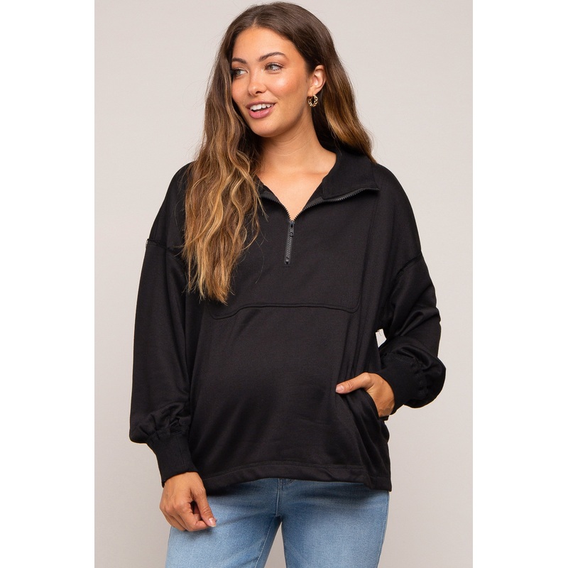 Black Half Zip Maternity Pullover Top