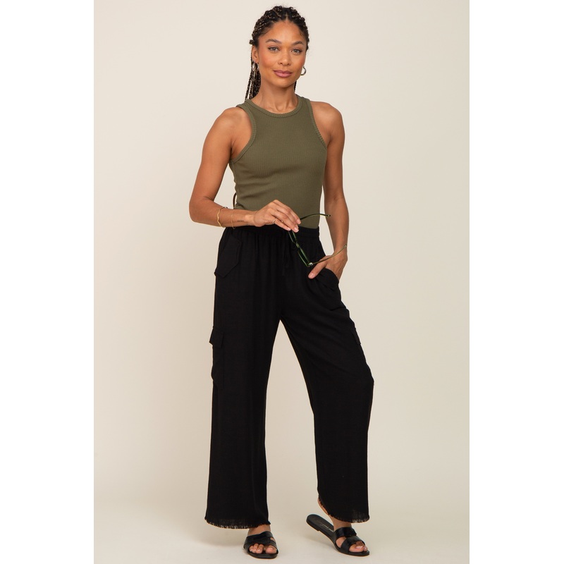 Black Raw Hem Cargo Pants