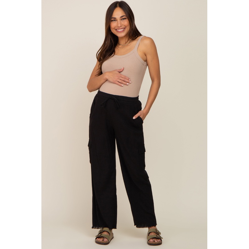 Black Raw Hem Maternity Cargo Pants