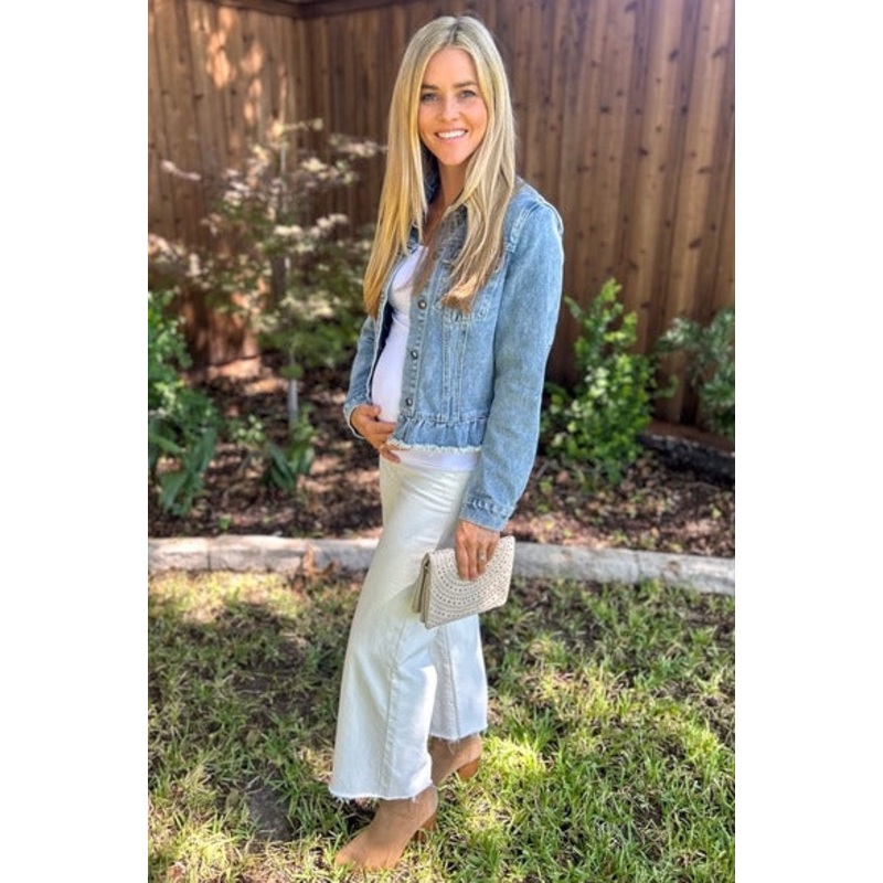 Light Blue Denim Ruffle Trim Maternity Jacket