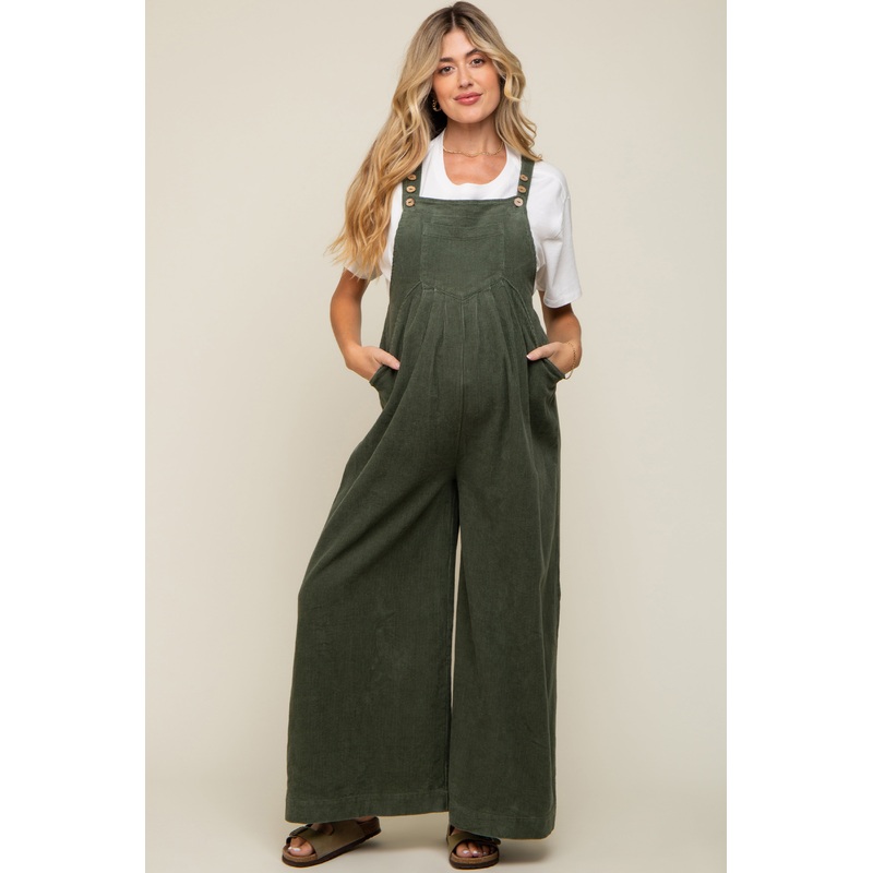 Olive Corduroy Front Pleated Wide Leg Maternity Overalls