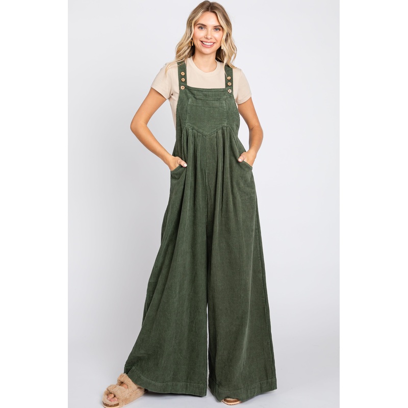 Olive Corduroy Front Pleated Wide Leg Overalls