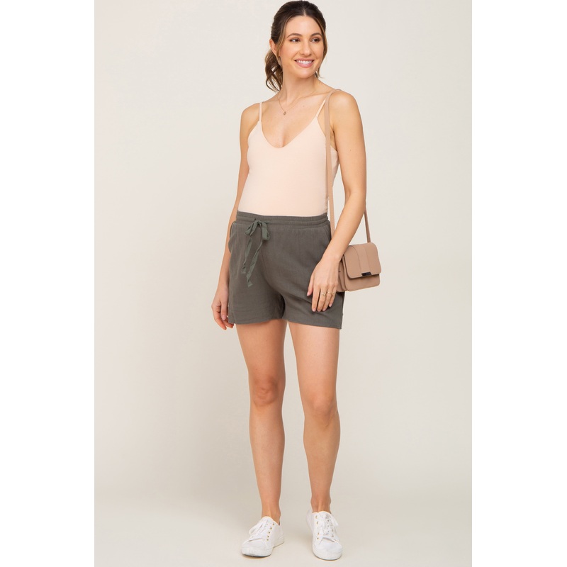 Olive Drawstring Linen Maternity Shorts