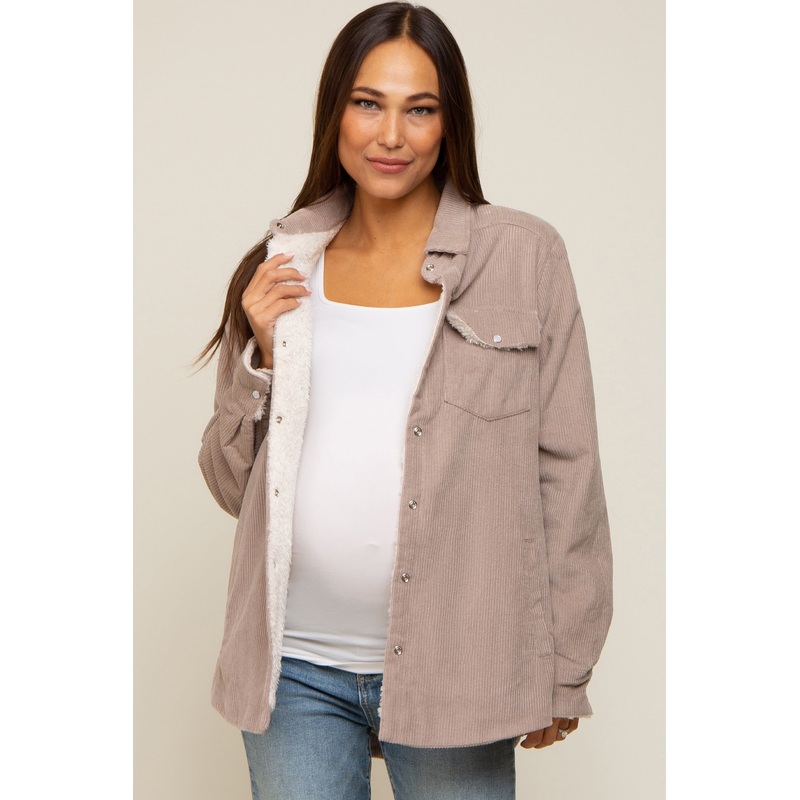 Taupe Corduroy Sherpa Lined Maternity Shacket
